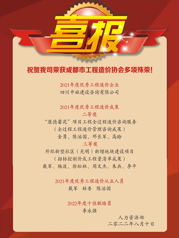 喜報(bào)！祝賀我司榮獲成都市工程造價(jià)協(xié)會(huì)多項(xiàng)殊榮！